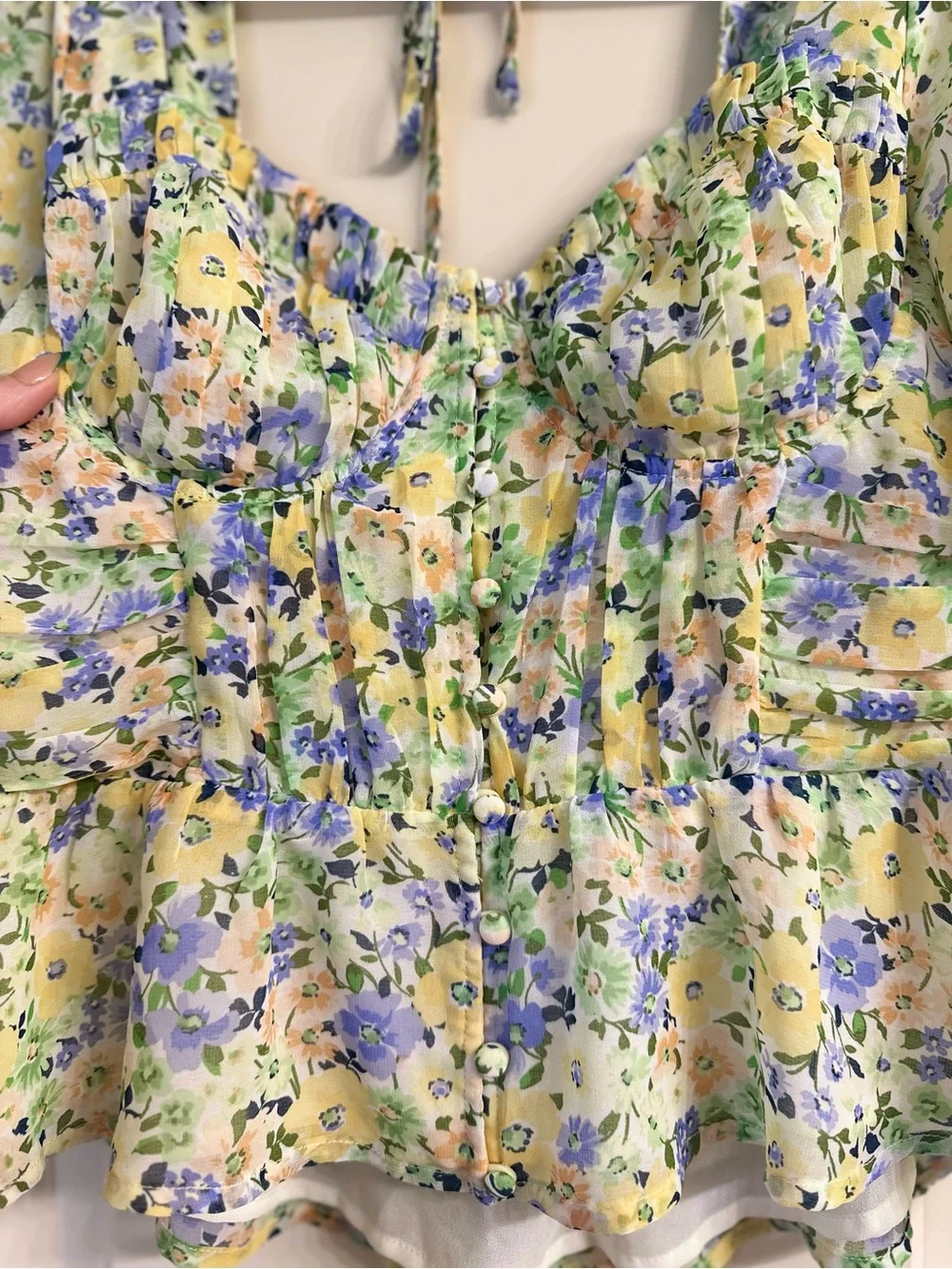 Astr Floral Puff-Sleeve Peplum Top in Yellow and Blue